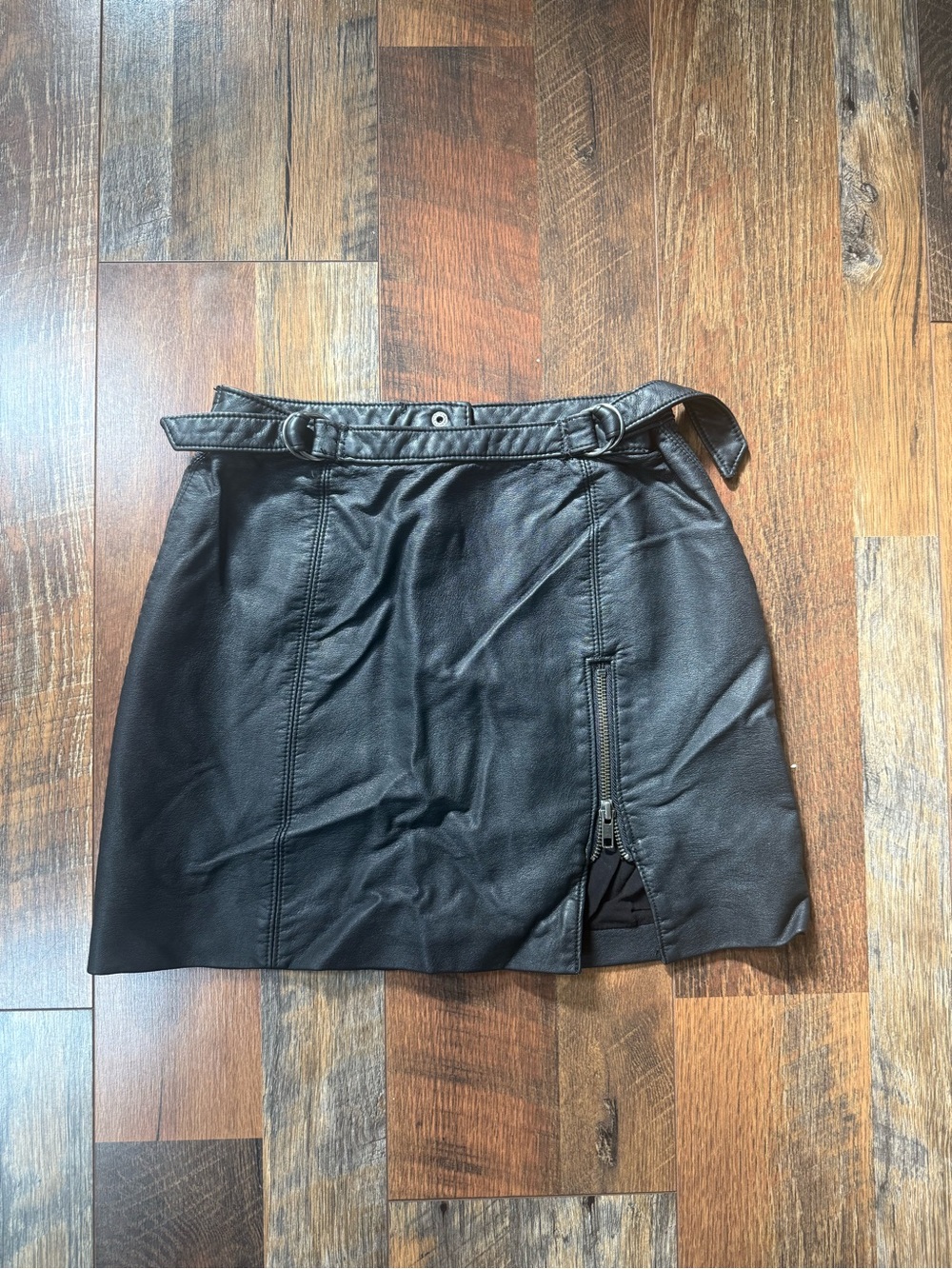 Free People Black Faux Leather Mini Skirt with Belt and Zip Detail